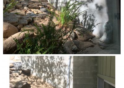 Hand plastered wall and stone/plant hillside erosion control